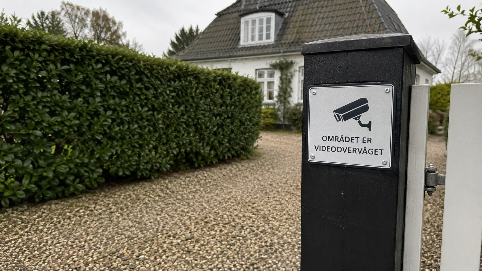 Skilt om videoovervågning monteret ved havelågen