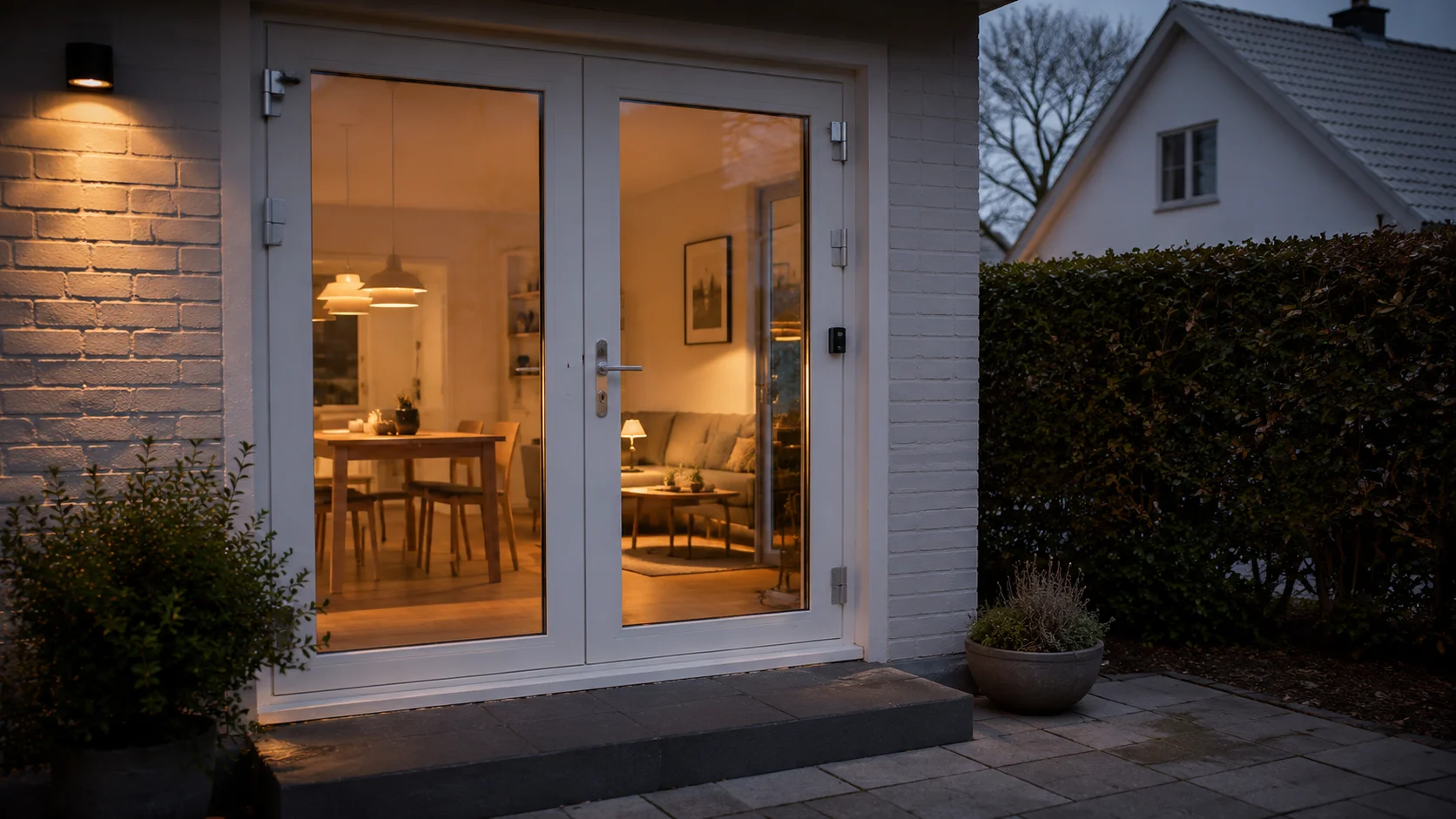 Terrassedør med sikkerhedsbeslag set fra haven i skumring